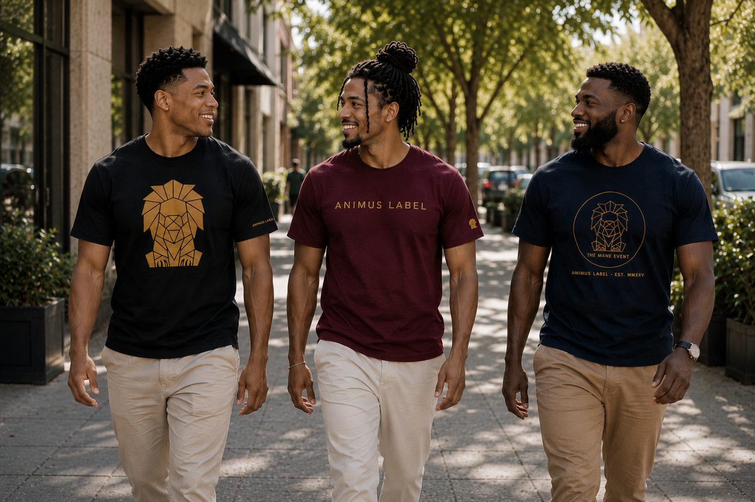 Models wearing Animus Label lion design t-shirts 